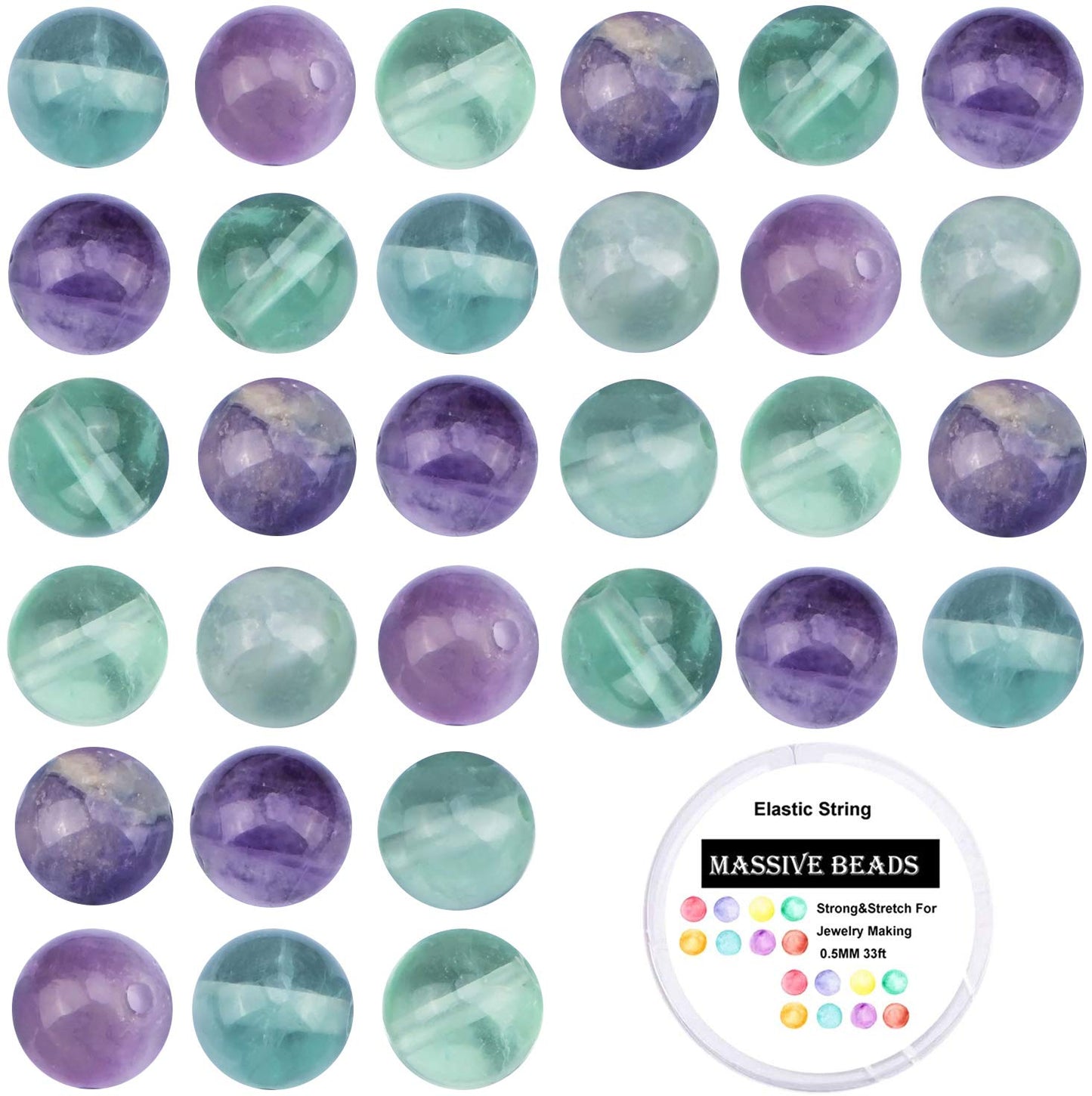 100Pcs Natural Crystal Beads Stone Gemstone Round Loose Energy Healing Beads with Free Crystal Stretch Cord for Jewelry Making (Flourite, 8MM)