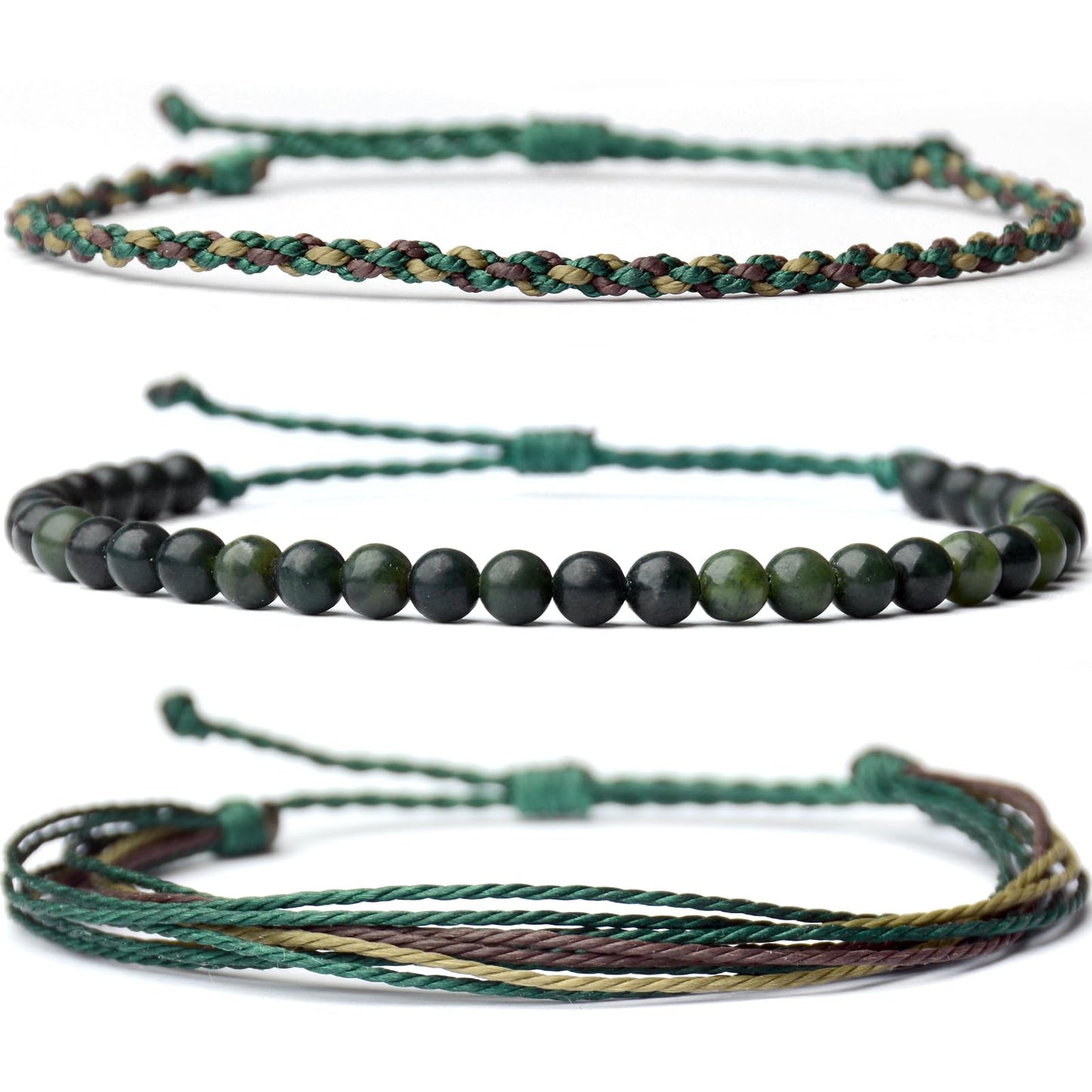 Handmade Natural Stone Beaded Healing Bracelet Gift for Men Adjustable Rope String Bracelet (Southern jade（Ink）, Adjustable)