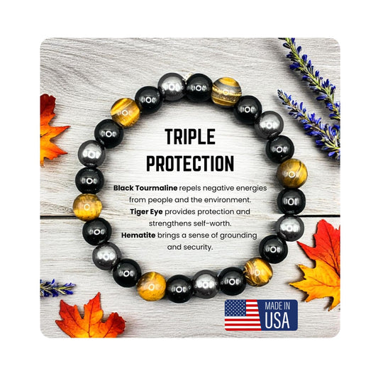 AKDNZ Protection Bracelet for Men & Women - 8mm Handmade Triple Protection Black Tourmaline, Hematite & Tiger Eye Bracelet, Natural Healing Crystal Gifts for Father's Day, Christmas & Anniversary