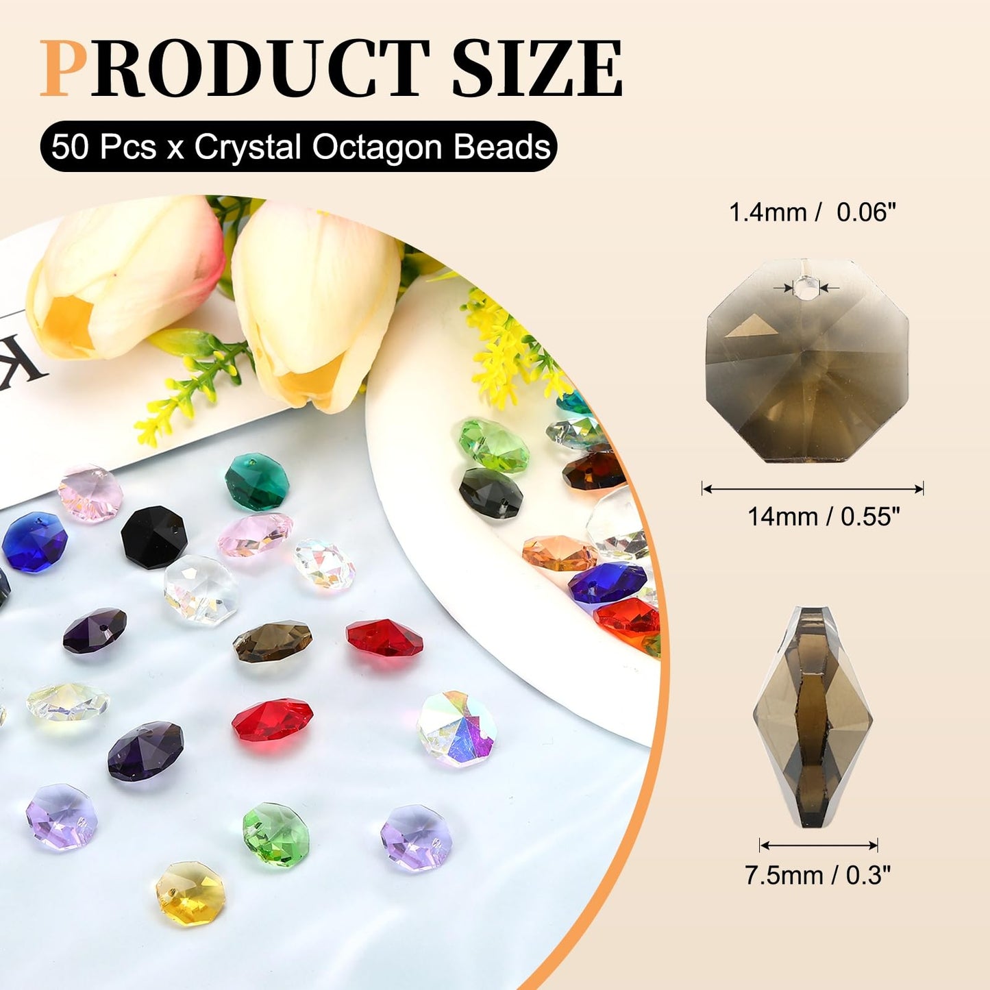 uxcell 50Pcs 1 Hole Crystal Octagon Beads, 14mm K9 Glass Hanging Chandelier Beads Prisms Parts for Crystal Chandeliers Lamp Hanging Pendant Jewelry DIY Craft, Grey