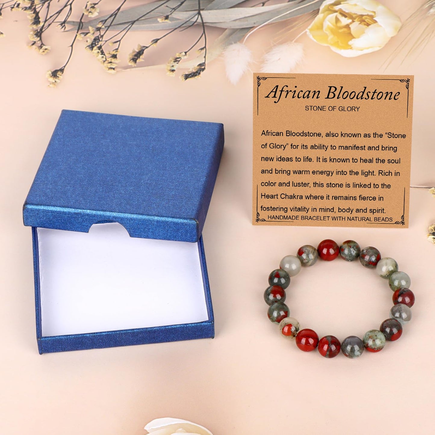 LPBeads Handmade Natural Gemstone Stretch Elastic 10mm African Bloodstone Bracelet Healing Crystal Round Stone Beads Jewelry Gifts for Women Men