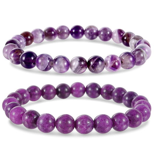 Bivei Natural Gemstone Semi Precious Crystals Handmade Stretchy Round Beads Bracelet, Enhance Positive Energy,Stocking Stuffers for Women(Dog-Tooth Amethyst & Sugilite (Love & Happiness) Large)