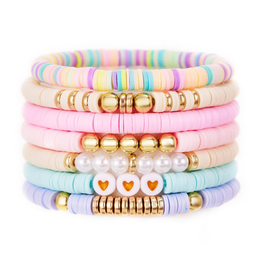 YEOSMINE Boho Heishi Clay Beaded Stretch Bracelets Stack For Women, Preppy Teens Friendship Gold Bracelets Cute Beach Surfer Accessories Bulk Set Trendy Fashion Jewelry