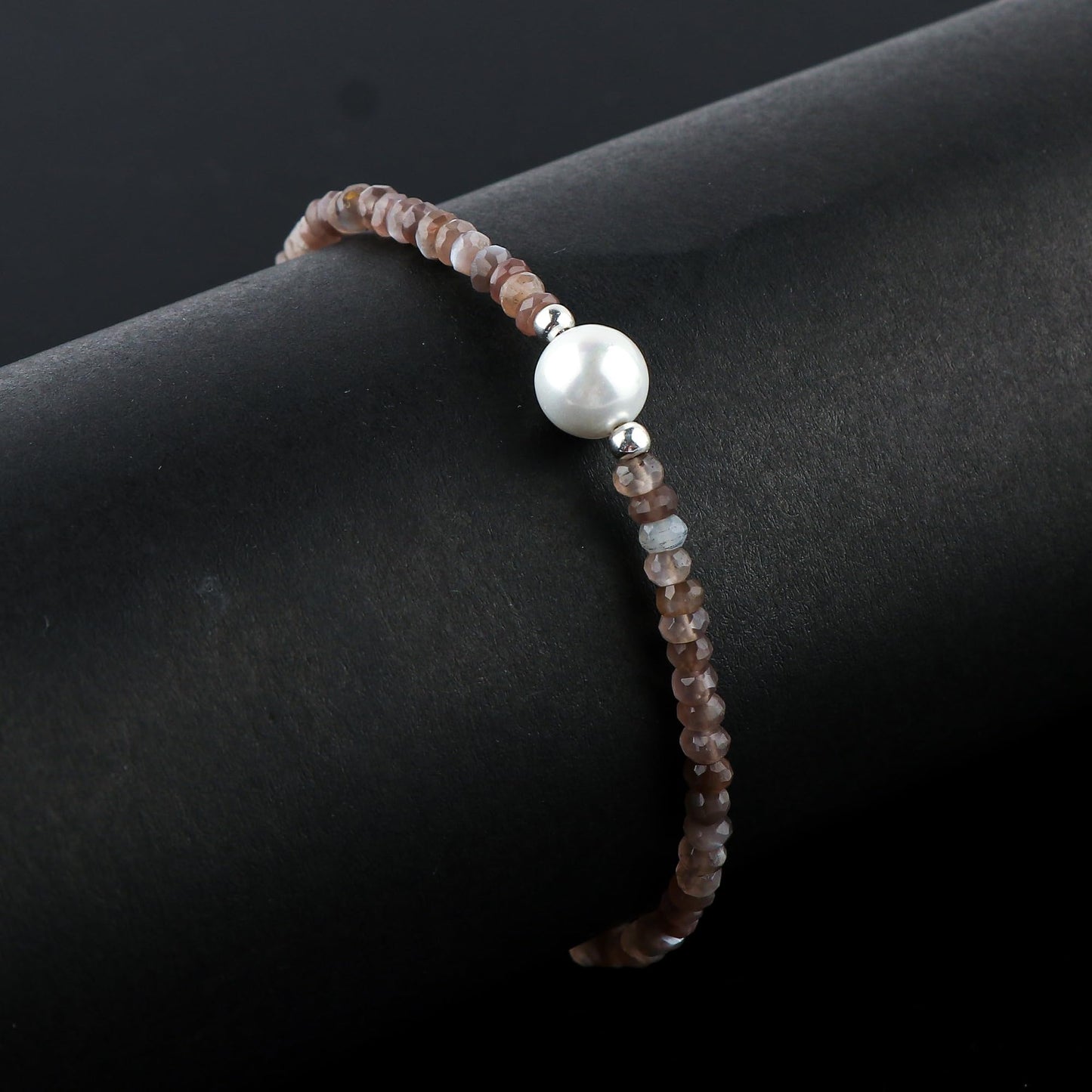 CRYSTALINES Natural Grey Moonstone Gemstones Beads Bolo Bracelets with Pearl, Handmade, Beaded Bracelet, Real Crystals Jewelry, Women Bracelet, Silver Plated Adjustable Chain 6+4inch, A Grade