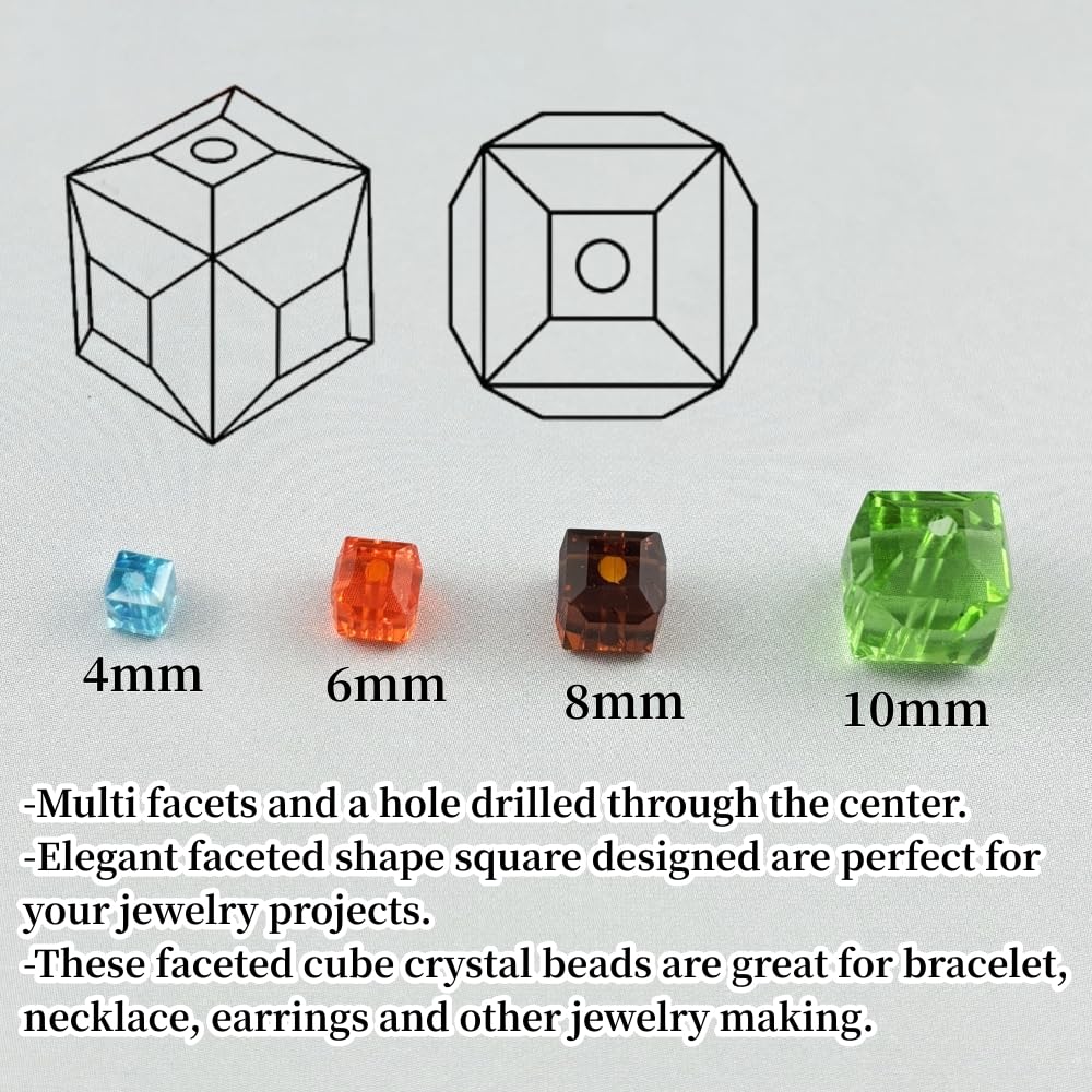 YUEXIGO 100pcs 6mm Cube Crystal Glass Beads for Jewelry Making Faceted Square Crystal Glass Bead Spacer Beads Loose Beads for Bracelet Earring Necklace DIY Craft(Mix Colors)