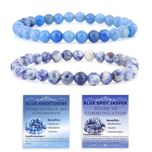NCB 2-Piece 6mm Natural Crystal Gemstone Stretch Bracelets – ﻿Blue Aventurine, Blue Spot Handmade Reiki Energy Healing Jewelry for Meditation,Yoga, Unisex