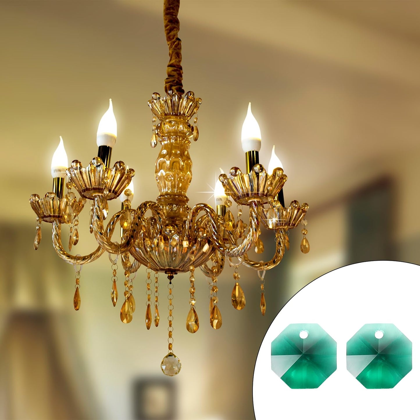 uxcell 50Pcs 1 Hole Crystal Octagon Beads, 14mm K9 Glass Hanging Chandelier Beads Prisms Parts for Crystal Chandeliers Lamp Hanging Pendant Jewelry DIY Craft, Peacock Green