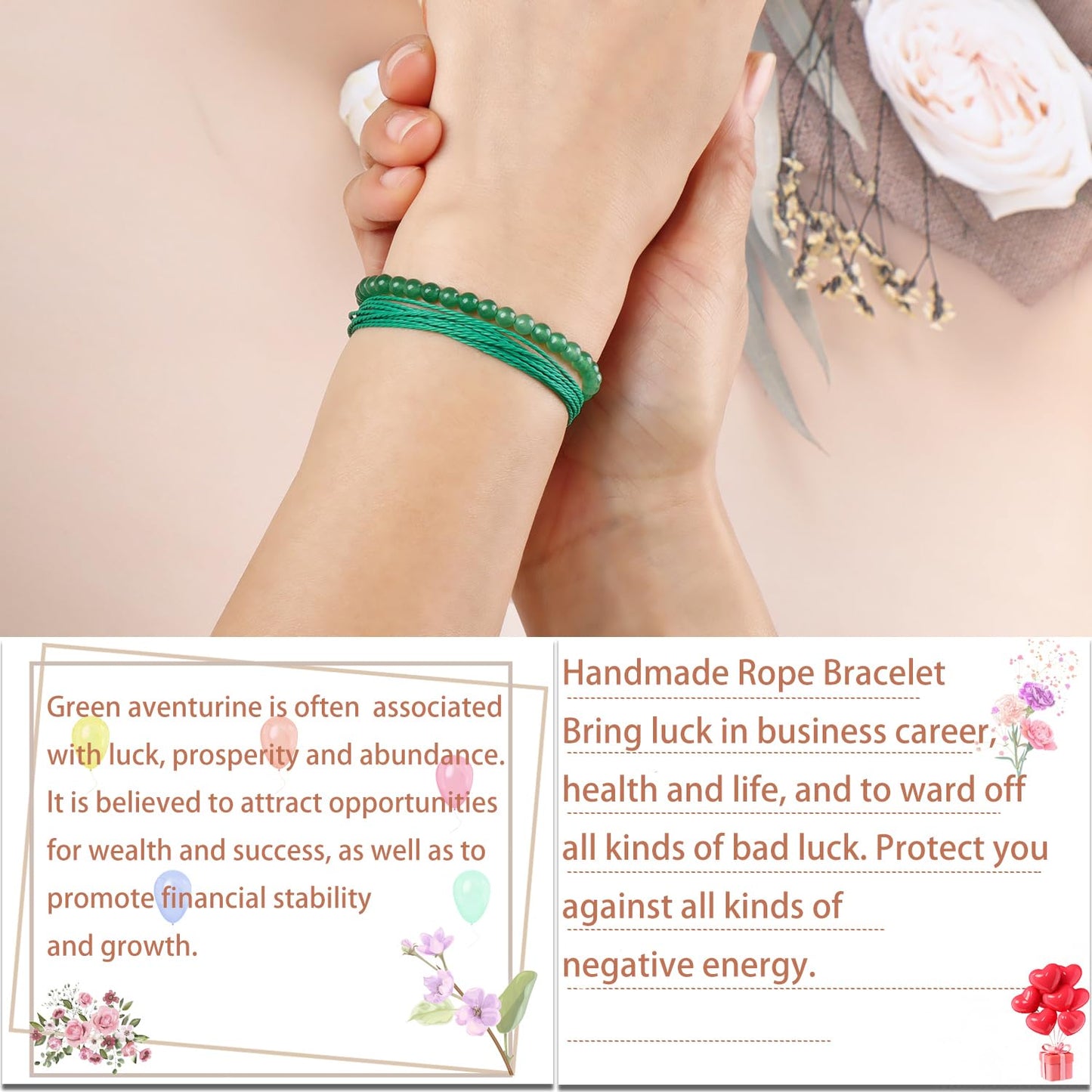 LPBeads 4mm Green Aventurine Bracelet with Handmade Rope Bracelet Size Adjustable Natural Stone Crystal Healing Bracelets Gifts for Unisex Adults