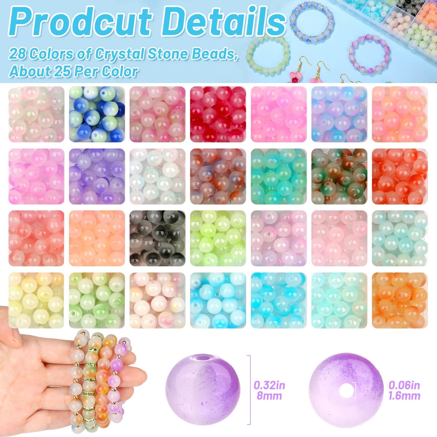 shynek 700 Piecess 8mm Glass Beads for Jewelry Making, 28 Bicolors Glass Crystal Beads Bracelet Making Kit for Bracelet Jewelry Making and DIY Crafts (GGB-8)