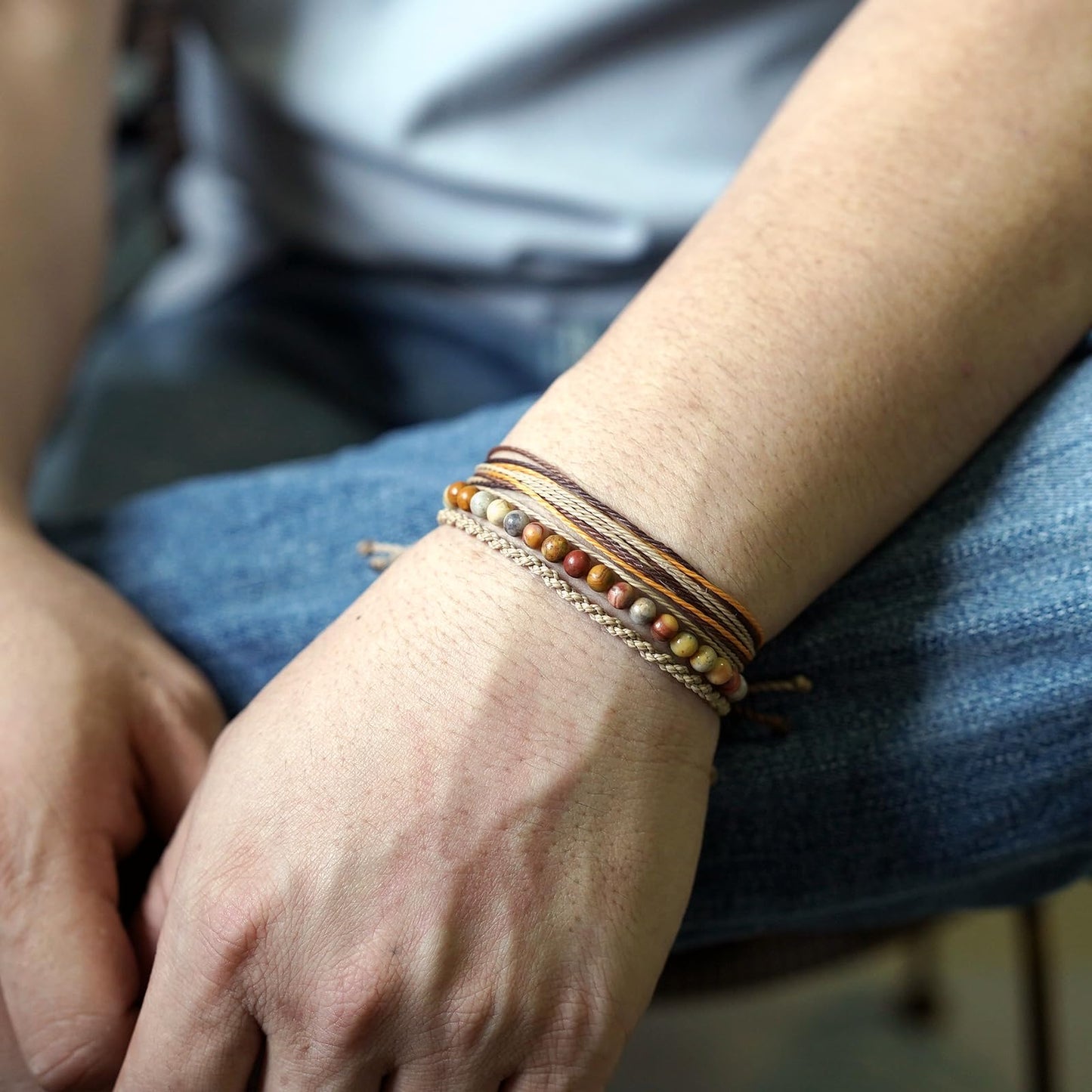 Handmade Natural Stone Beaded Healing Bracelet Gift for Men Adjustable Rope String Bracelet (Crazy Agate, Adjustable)