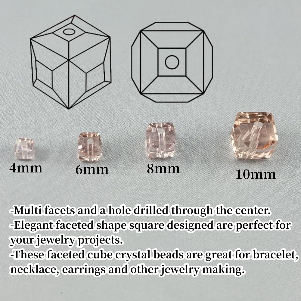 YUEXIGO 100pcs 6mm Cube Crystal Glass Beads for Jewelry Making Faceted Square Crystal Glass Bead Spacer Beads Loose Beads for Bracelet Earring Necklace DIY Craft(Pink)