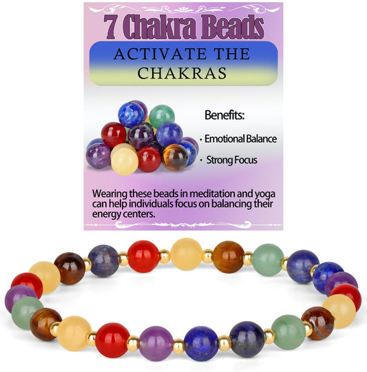 QOGIR 7 Chakra - Activate The Chakras - 14K Gold Plated Beads Natural Gemstone Stretch Elastic Dainty Healing Beaded Bracelets Gifts 6mm
