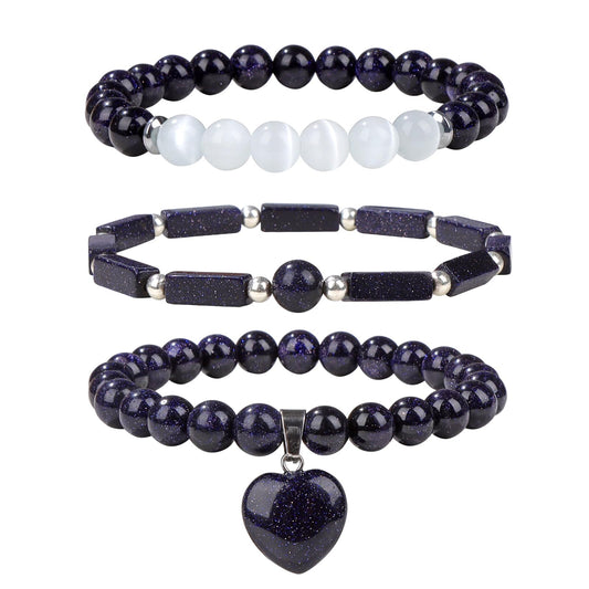 Vinswet Healing Crystal Beaded Bracelets for Women,Natural Blue Sandstone Moonstone Gemstones Bracelet,Anxiety Stress Relief Heart Charm Bracelet Handmade Blue Jewelry Gifts for Women (3pcs)
