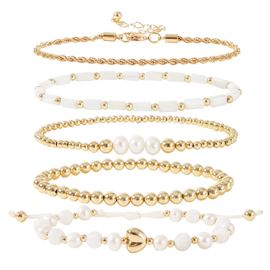 GOOJIDS Tiny Pearl Gold Plated Heart Beaded Bracelets For Women Dainty Gold Plated Pearls Stack Layered Beads Bracelet set for MAMA Birthday
