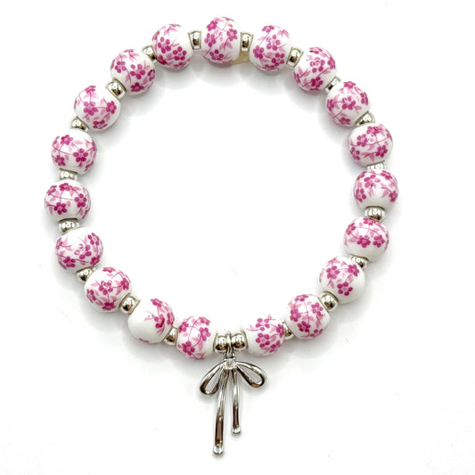 Vintage Beaded Charm Bracelet for Women - Handmade Stretch Floral Bow Design, Dainty Jewelry Gift for Her, Adjustable Romantic Bracelets for Everyday Wear (Pink(silver))