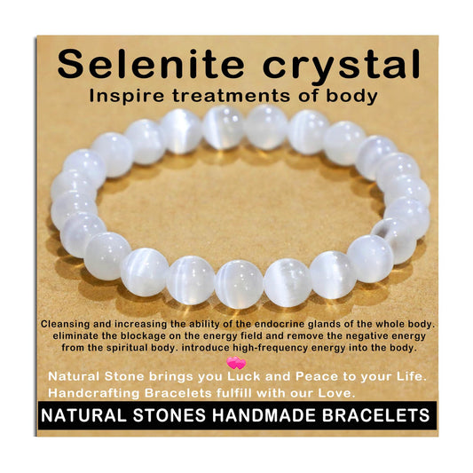 AD Beads Handmade Gemstone Stretch Elastic Bracelet Crystal Healing Reiki Nature's Beauty and Spiritual Essence Unisex (8mm, Selenite Crystal (Inspire Treatments))