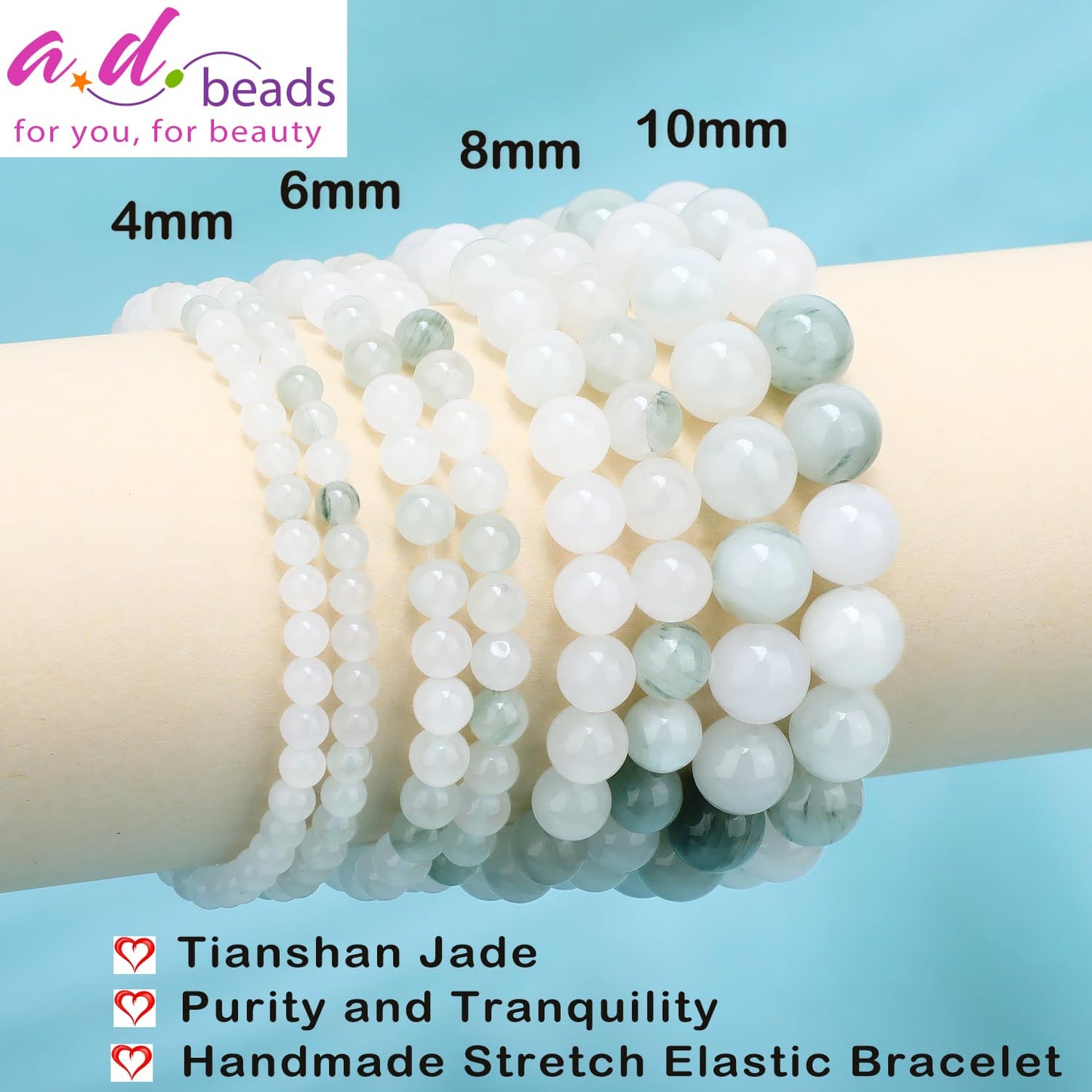 AD Beads 10mm Handmade Tianshan Jade Elastic Bracelet – Natural Gemstone for Purity and Tranquility – Meditation, Yoga, Healing and Energy Gift for Men Women