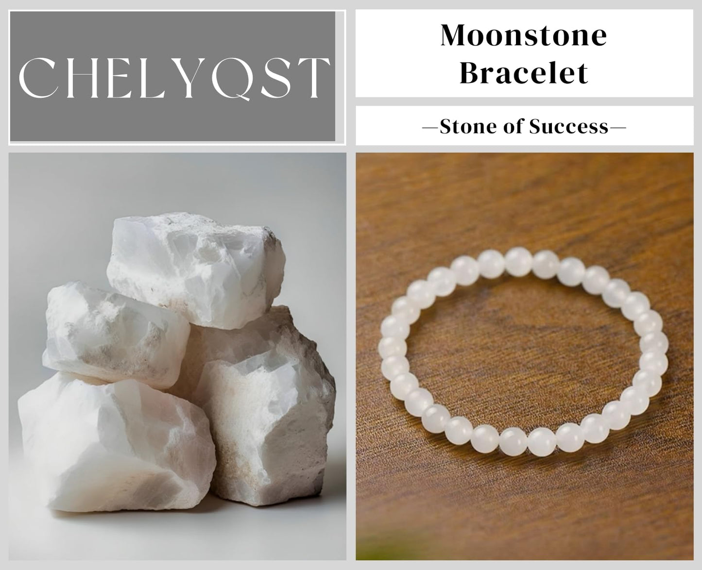 CHELYQST Moon_stone Bracelet - Stone of Success,Stretch Natural Stone Crystal Beads Jewelry Gifts for Women Men Unisex Adult,4mm