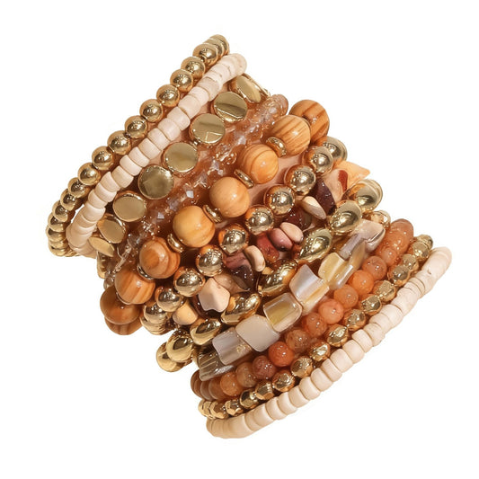 iF YOU 12 Pcs Boho Beaded Bracelets for Women, Brown Bohemian Stackable Gold Bead Stretch Bracelets Stack Beach Jewelry Gift (Brown-12 pcs)