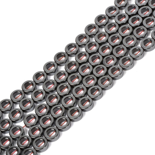 Natural 8mm Hematite Hollow Circle Flat Round Ring Shape Donut Beads Strand 16 Inch for Jewelry Making