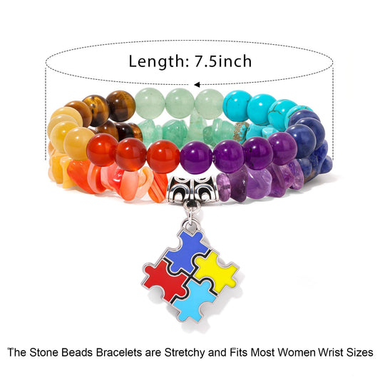 GolbalJew Autism Awareness Bracelets for Women Colorful Puzzle Charm 7 Chakra Gemstone Beads Bracelet Natural Stone Autistic Gifts Jewelry