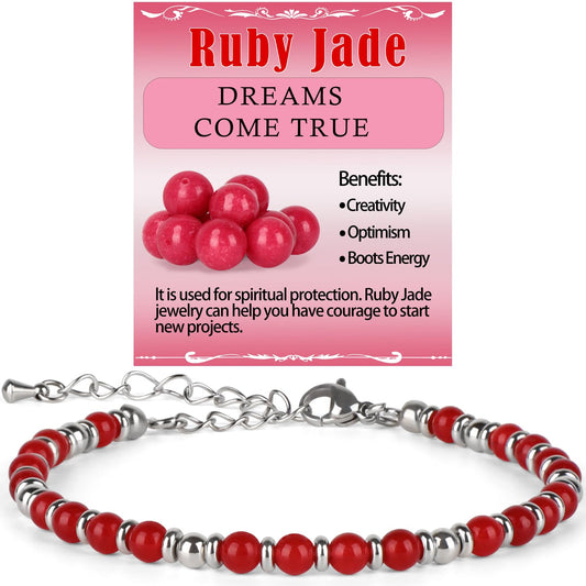 LPBeads 4mm Ruby Jade Tiny Beaded Bracelets For Women, Energy Gem Charm Jewelry Adjustable Bracelet Gifts for Mom, Daughter, Wife, Coworkers, Friends, Bestie