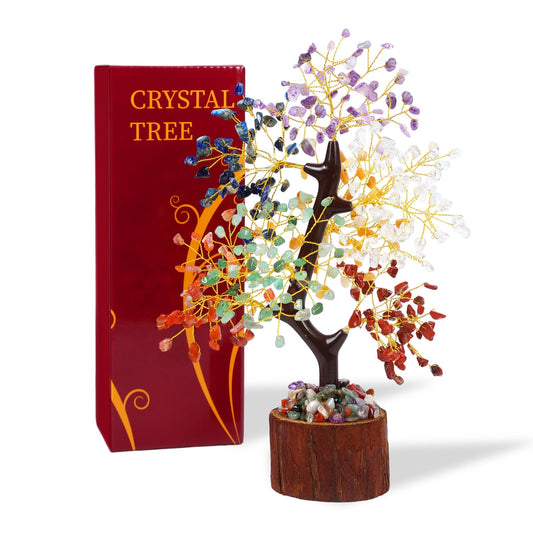 Crystal Tree of Life with Chakra Stones - Healing Crystals Decor for Desk & Home, Housewarming Gifts for New Home, Unique Birthday Gifts for Women, Sisters, Friends (7 Chakra Tree Wooden Base)