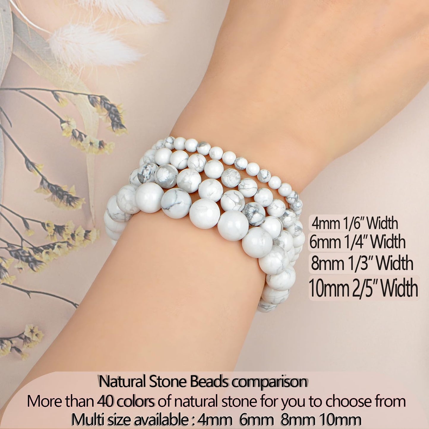 LPBeads Handmade Natural Gemstone Stretch Elastic 10mm White Howlite Bracelet Healing Crystal Round Stone Beads Jewelry Gifts for Women Men