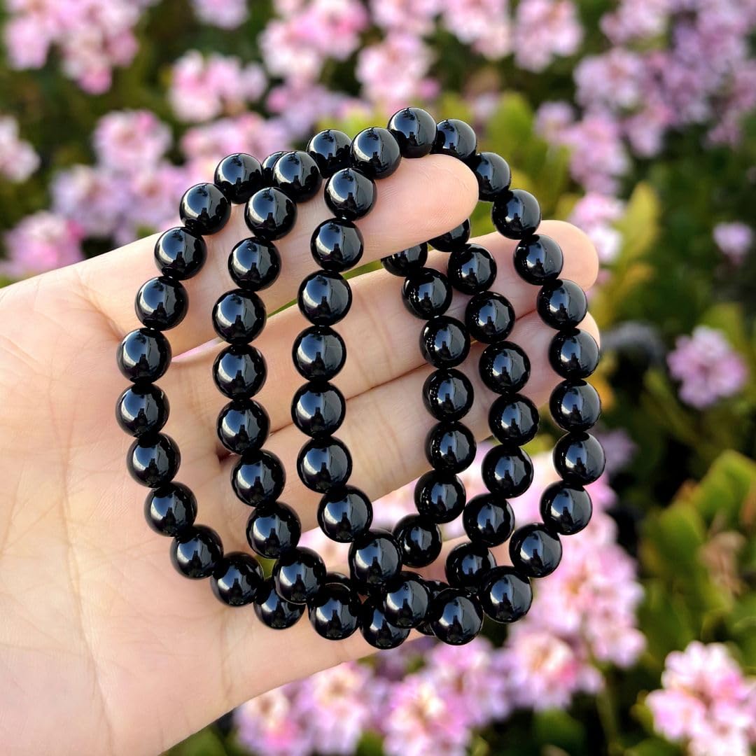 Adabele Real Natural Black Agate Gemstone Beaded Bracelet 7 inch Stretch Chakra Healing Crystal Stone Jewelry Women Birthday Gift (Unisex) GB8-30