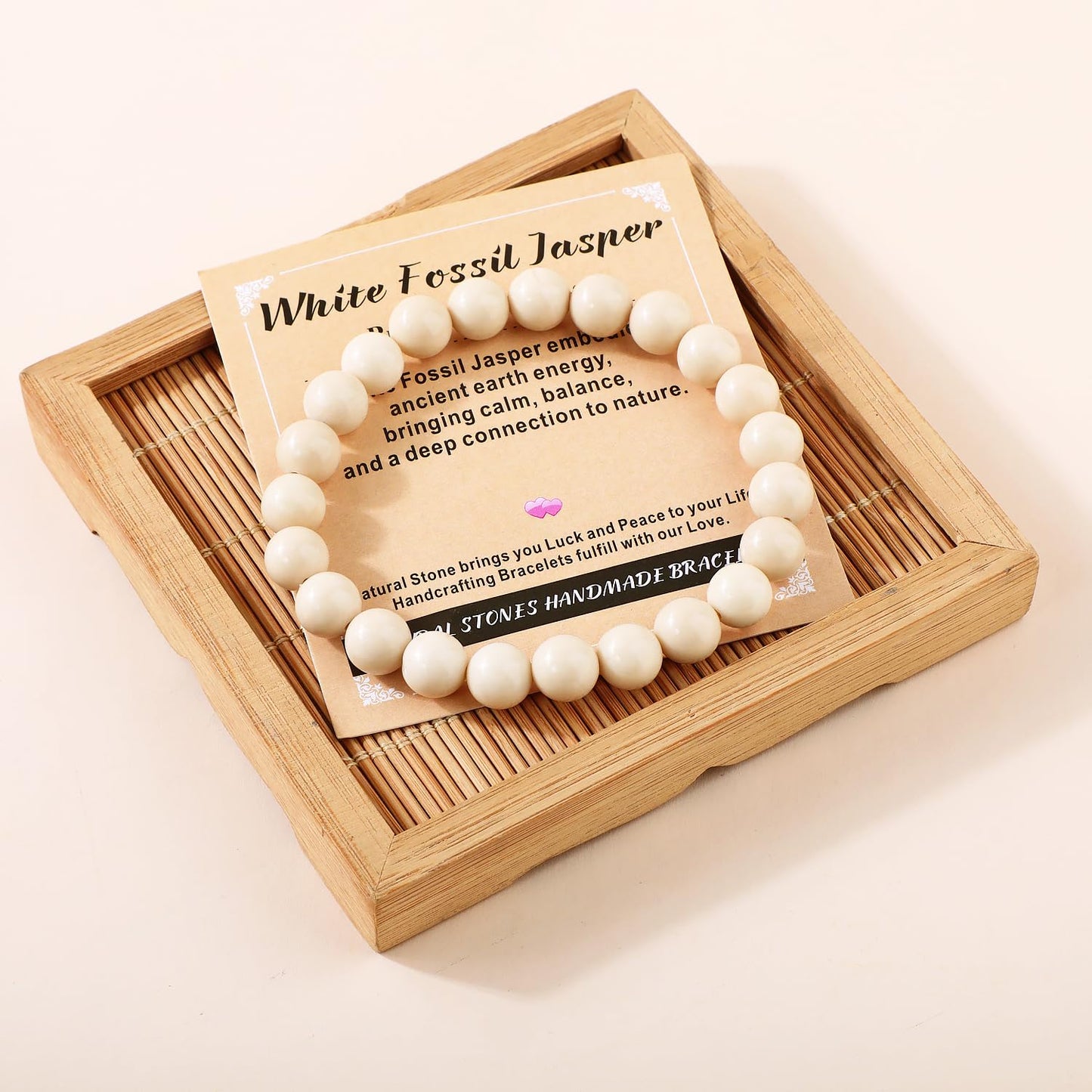 AD Beads 10mm Handmade White Fossil Jasper Elastic Bracelet – Natural Gemstone for Promote calmness – Meditation, Yoga, Healing and Energy Gift for Men Women
