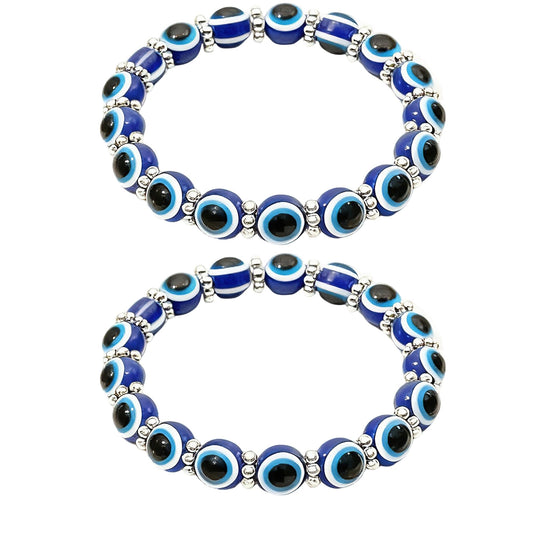 Cryhand Female 8mm Beaded Bracelets For Women 2PCS Evil Eyes Bracelet for Men Handmade Lucky Money Stretchy Crystal Bracelets Best Gifts