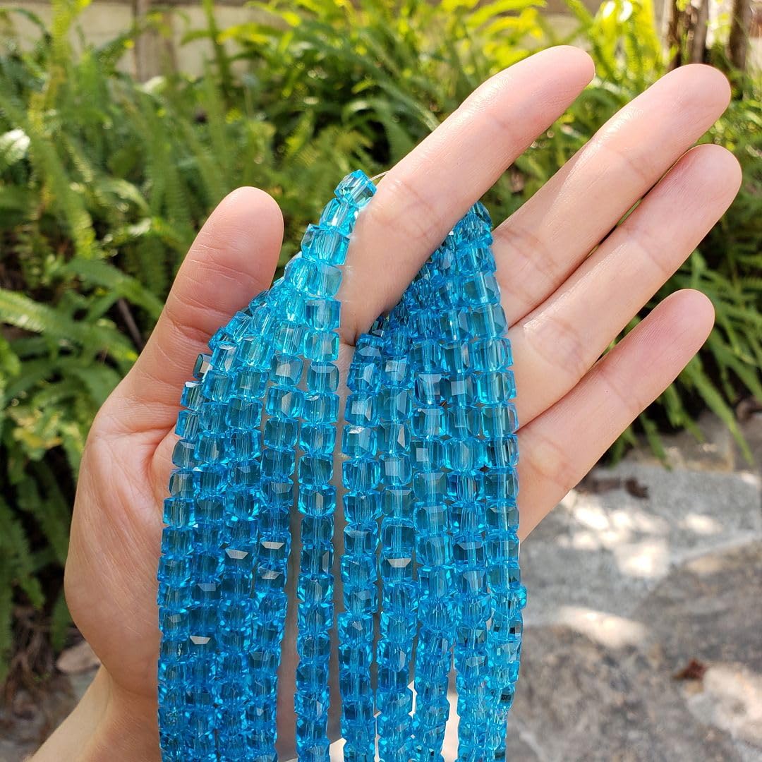 100pcs Czech Faceted Cube Crystal Glass Loose Beads Spacer 6mm (0.24 Inch) Aqua Blue for DIY Jewelry Craft Making CCC610