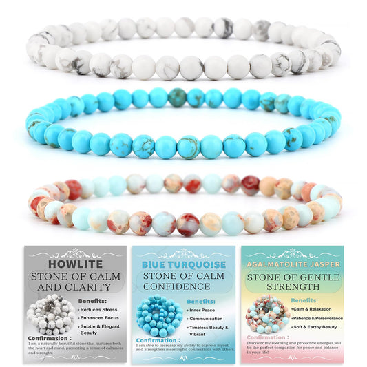 NCB 3-Piece 4mm Natural Crystal Gemstone Stretch Bracelets – ﻿Agalmatolite Jasper, Blue Turquoise, Howlite Handmade Reiki Energy Healing Jewelry for Meditation,Yoga, Unisex