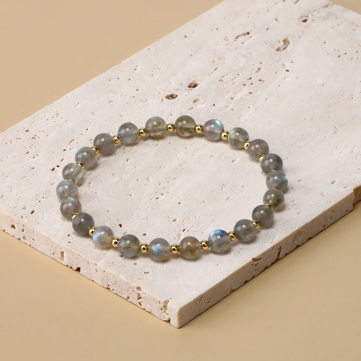 QOGIR Labradorite - Stone of Transformation - 14K Gold Plated Beads Natural Gemstone Stretch Elastic Dainty Healing Beaded Bracelets Gifts 6mm
