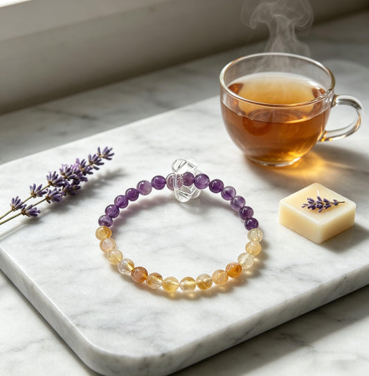 Blessed Unisex Triple Crystal Healing Stretch Bracelet, Amethyst, Citrine, and White Quartz Combination Bracelet, Positive Energy Gemstone Jewelry for Wealth