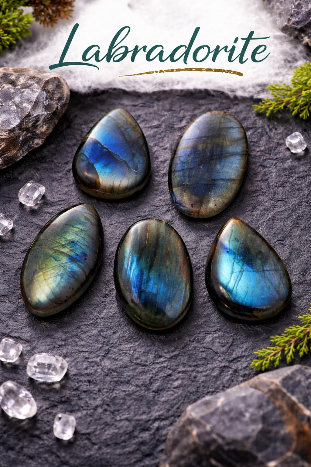 CRYSTALINES 5pcs Natural Multi Color Labradorite Gemstone Cabochons, Bulk Spectrolite Polished Stones, DIY Jewelry Making, Healing Crystals, Wholesale Loose Supply, Wire Wrapping, Gem Collection