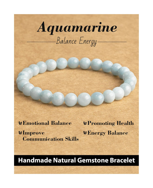 Landorilo Beaded Bracelet for Men Women, 6mm Natural Stone Aquamarine Healing Crystal Stretch Bracelets, Ideal Christmas Birthday Jewelry Gifts with Energy Card，Replacement Beads Included