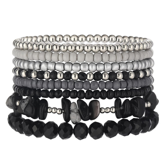 Noessla Boho Beaded Bracelets for Women Stackable Irregular Natural Stone Bead Stretch Bracelet Set 8PCS Costume Jewelry Gifts for Her(Black Grey)