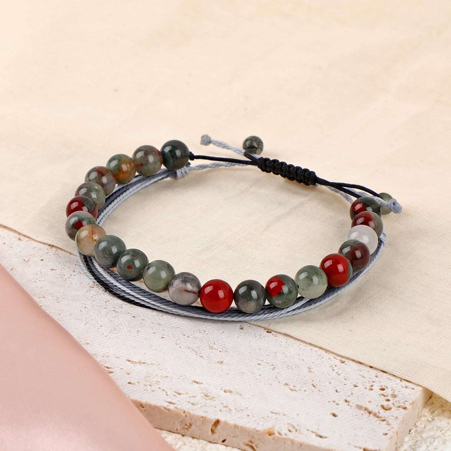 LPBeads 8mm African Bloodstone Bracelet with Handmade Rope Bracelet Size Adjustable Natural Stone Crystal Healing Bracelets Gifts for Unisex Adults