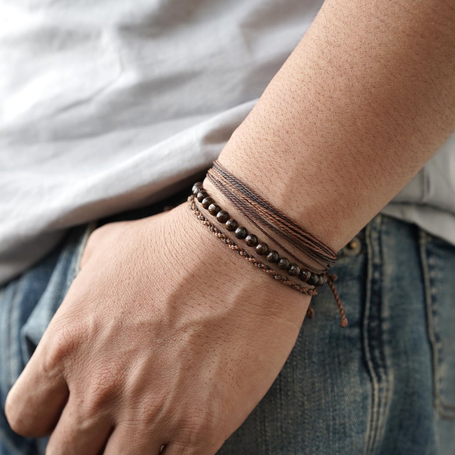 Handmade Natural Stone Beaded Healing Bracelet Gift for Men Adjustable Rope String Bracelet (Bronzite, Adjustable)