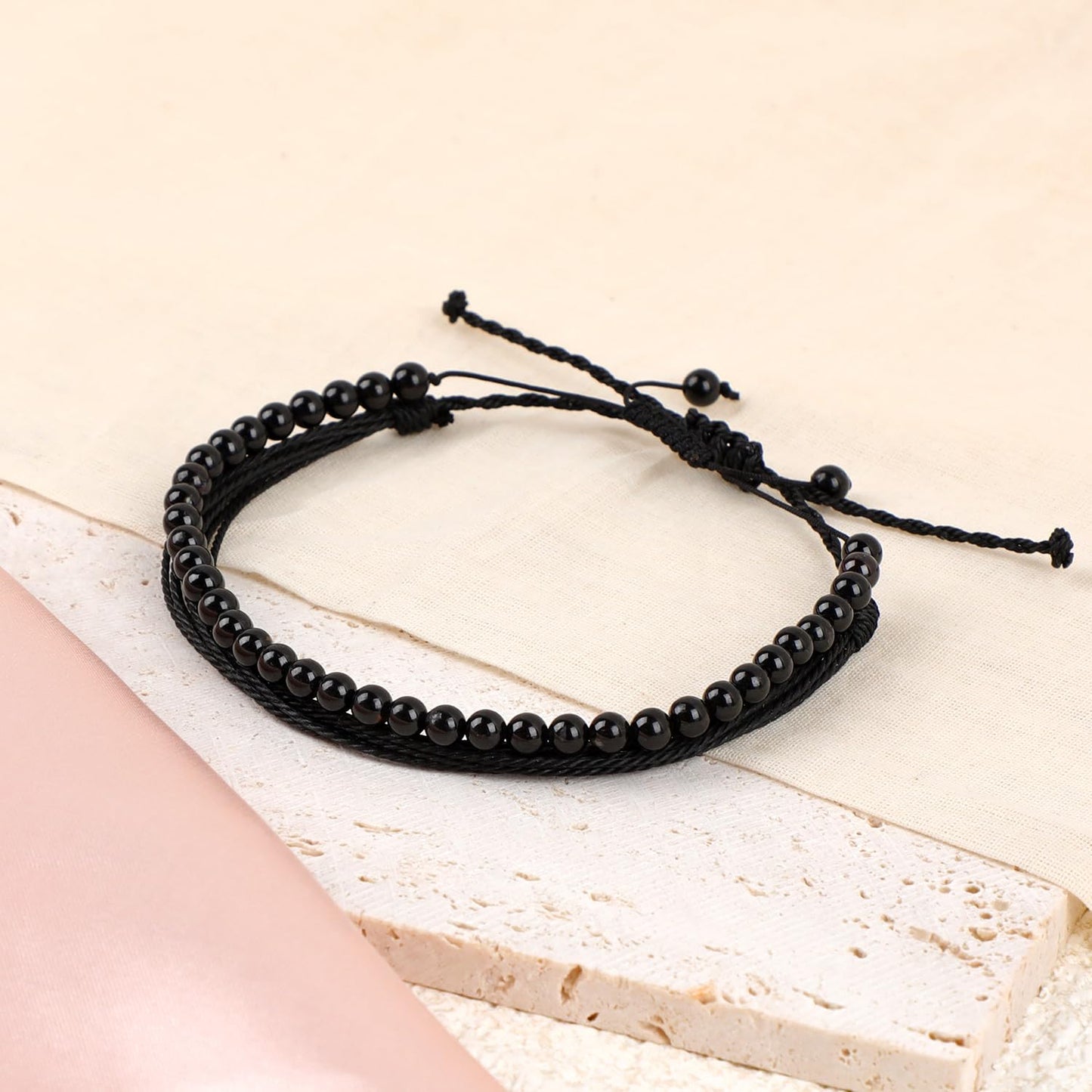 LPBeads 4mm Black Tourmaline Bracelet with Handmade Rope Bracelet Size Adjustable Natural Stone Crystal Healing Bracelets Gifts for Unisex Adults
