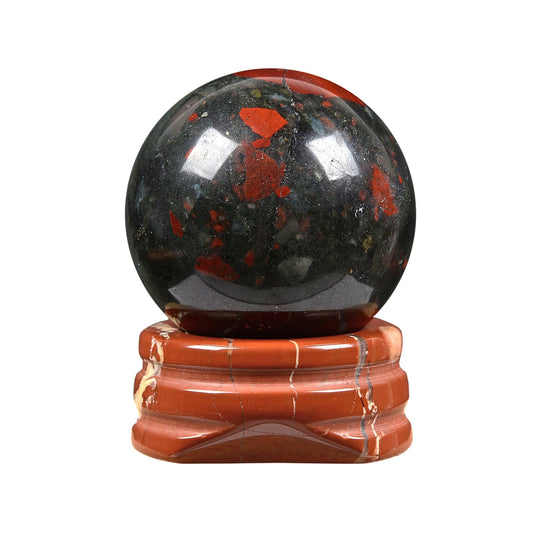 Natural Polished African Bloodstone Sphere with Red Jasper Stand – Handcrafted Gemstone 30mm Ball for Energy Healing, Meditation, and Home Décor