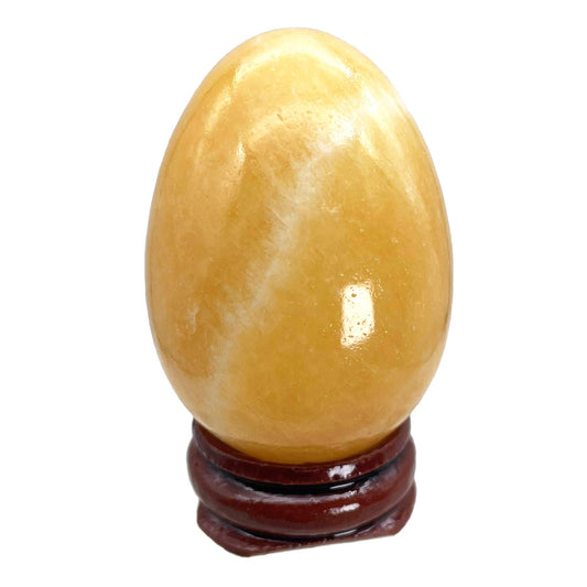 Fekuar Stone Egg Figurine, Polished Healing Crystal Easter Eggs Sphere Sculpture with Wood Stand, Cream-Coloured Yellow Jade, 1.8"