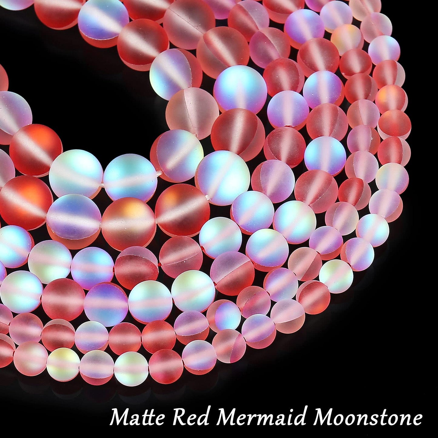 Matte Red Aurora Crystal Glass Beads, 8MM Frosted Glitter Shining Mermaid Round Loose Beads, Rainbow Holographic Synthetic Moonstone for Jewelry Making DIY Bracelet