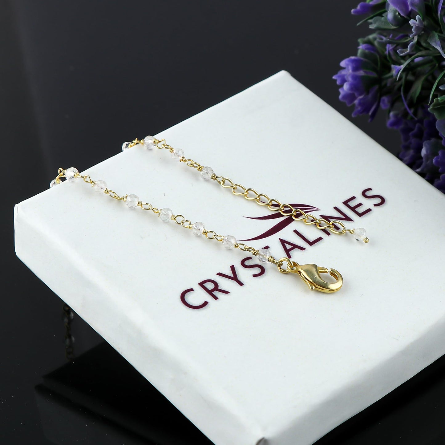 CRYSTALINES Natural White Topaz Gemstone Rosary Bracelet, 14K Gold Plated, Handmade Women Jewelry, Healing Crystals & Beads, Adjustable Chain 8inch, Gift for Her