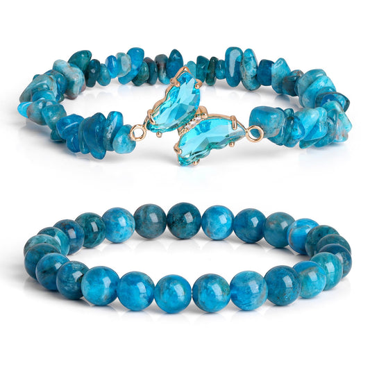 GolbalJew Apatite Stone Bracelet for Women Healing Crystal Stones Bracelets Blue Gemstone Beads Stretch Bracelet Butterfly Charms Jewelry Women Gift