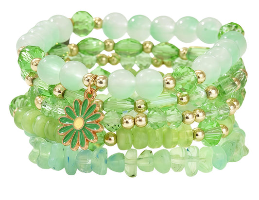 LOTSOF Boho Flower Beaded Bracelet Set for Women - Multilayer Crystal & Flower Charm Stackable Bracelets, Fashion Jewelry Gift for Her (Green)