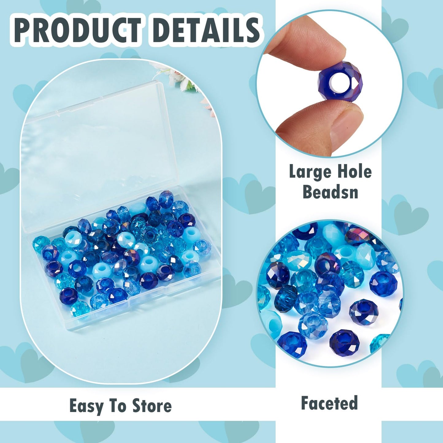Craftdady 60Pcs Blue Color Theme European Beads Large Hole Faceted Glass Bead Blue Rondelle Bead Crystal Loose Spacer Beads for Jewelry Making DIY Pens Snake Chain Charm,12 Colors