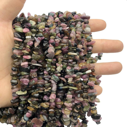 favoramulet 5-8mm Rainbow Tourmaline Tumbled Stone Chip Beads for Jewelry Making, Irregular Shaped Healing Crystal Loose Bead Supply, Pack of 2 Strands(64 inches)