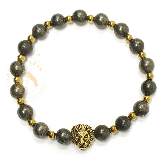 Pyrite Bracelet for Women, Men, Teens Gift - Gold Lion Pyrite Crystals and Healing Stones Mens Bracelet - 8mm Round Beaded Bracelets - Stretchy Bracelets for Chakra Protection, Meditation and Healing